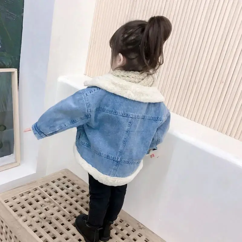 Girls Denim Jacket 2023 New Plus Velvet Thickening Boys and Girls Coat Winter Warm Jacket Children's Rabbit Rur Thick Jacket