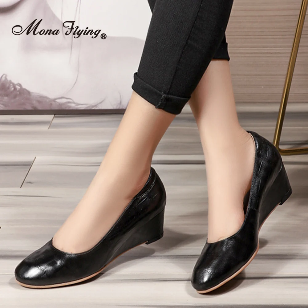 

Mona Flying Women‘s Premium Leather 5cm Wedge Pumps Slip-on Hand-made Round-Toe Fashion High Heel Dress Shoes for Ladies 078-CK2