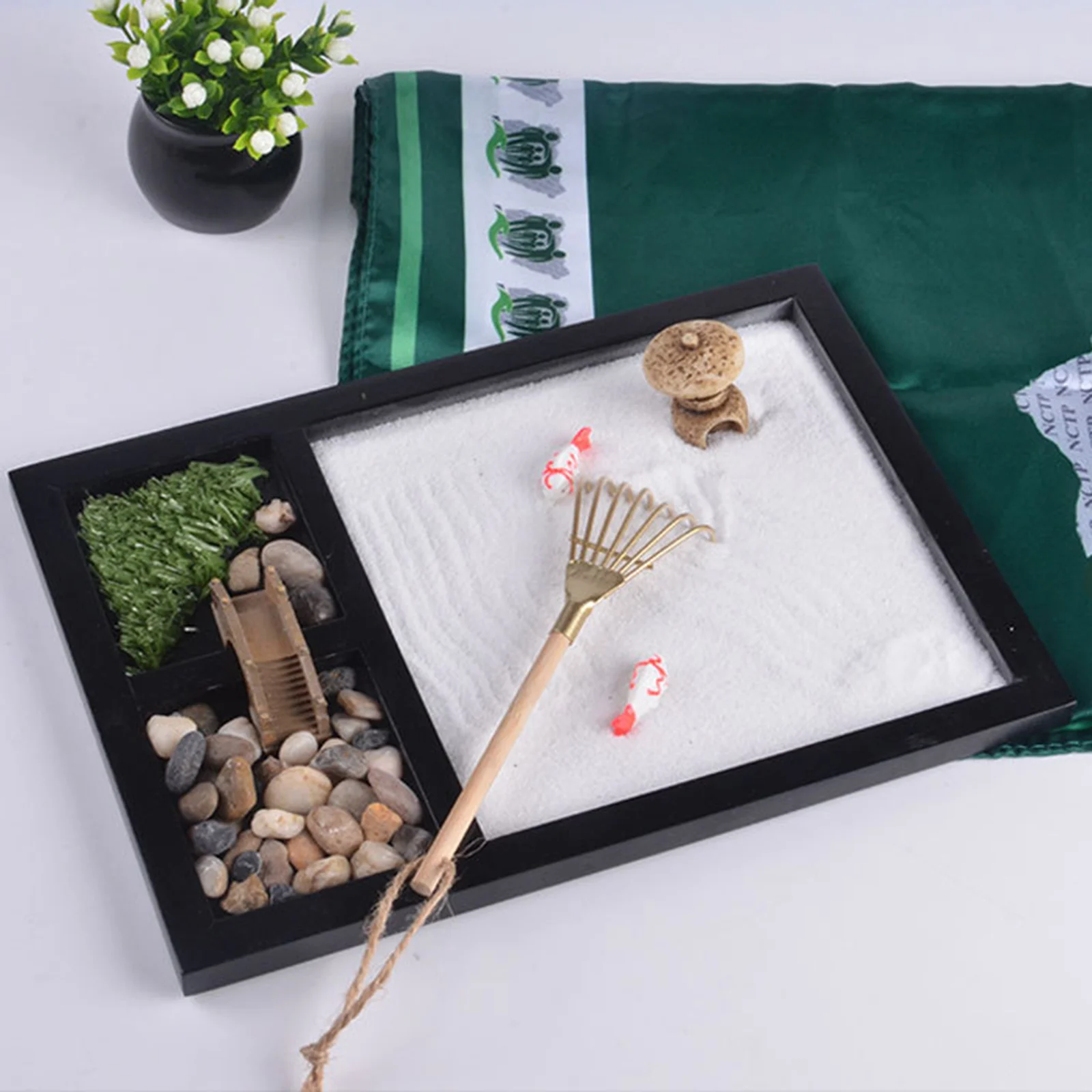 Jardin Zen Miniature Rond WEBEEDY – Kit De Méditation Sable Et Roche, Bureau, 22,6 Cm – Déco Relaxante