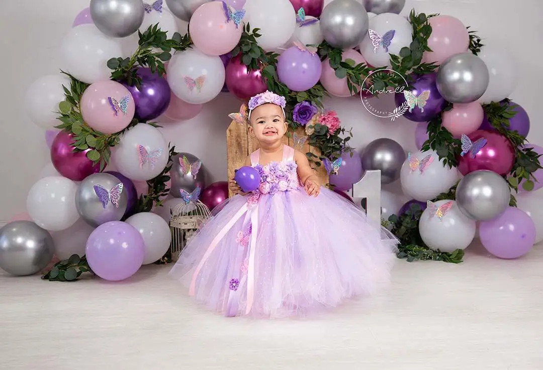 Frühling Schmetterling Kinder Geburtstag Kuchen Zerschlagen Hintergrund Studio Photo Lila Blumen Luftballons Garten Fotografie Hintergrund