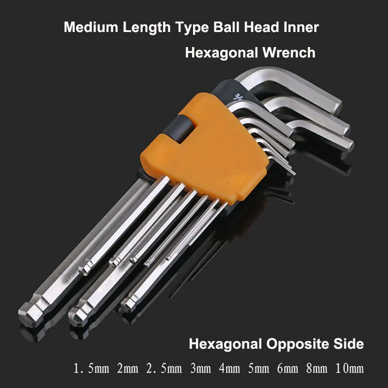 9Pcs Set Metric  Hexagon Allen Key Wrench Tools Set Ball Head Inner Hexagonal Wrench Set Lengthened