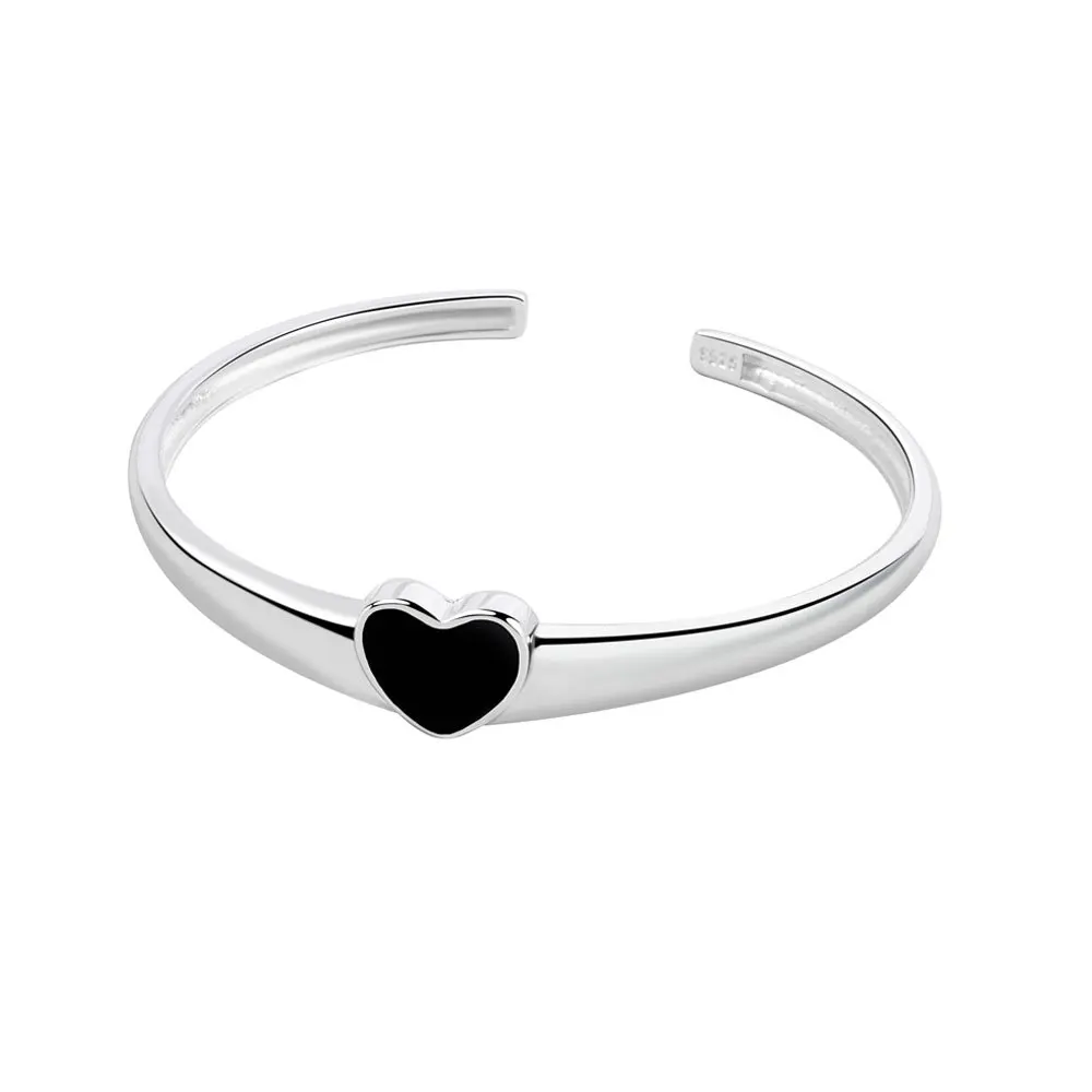 Bracelets manchette en argent pur pour femmes, breloque cœur noir, bijoux tendance, accessoires, cadeaux de noël