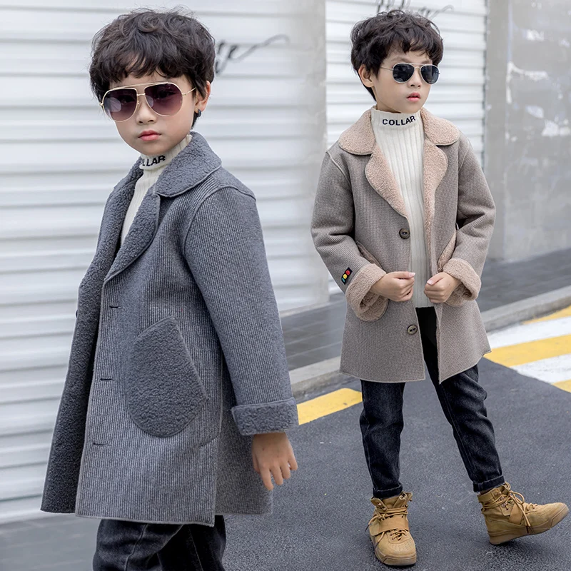 Children Casual Woolen Coat Fall Winter Boys Handsome Plush Velvet Heavy Outerwear Clothes Kids Splicing Pocket Trench Coat X498