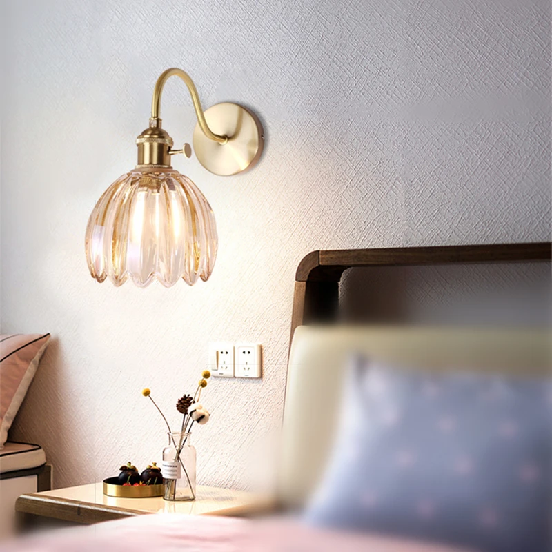 Japan Style LED Wall Light Crystal Flower Lampshade Copper Nordic Wandlamp With Switch For Bedroom Mirror Lights Applique Murale