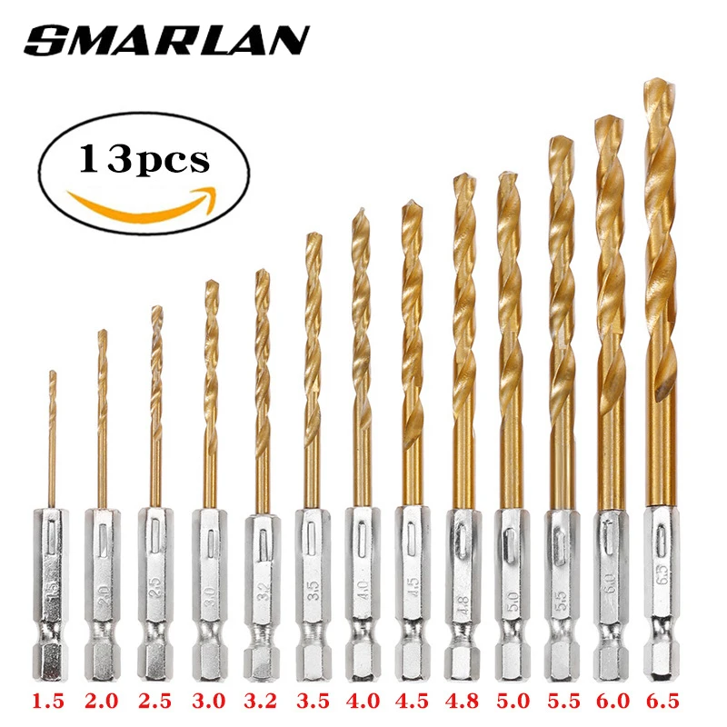 SMARLAN 13 Buah Set Mata Bor Lapis Titanium Baja Kecepatan Tinggi HSS 1/4 Mata Bor Hex 1.5-6.5Mm Set Alat Pertukangan