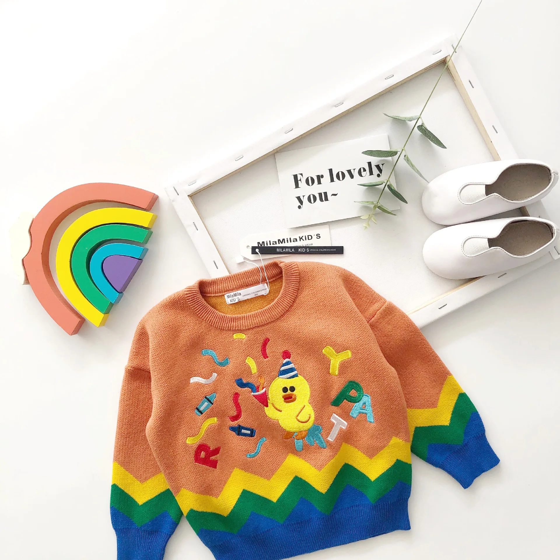 Tonytaobaby Autumn and Winter Wear New Style Baby Boys and Girls Wear Rainbow Sweater Ducklings Orange Sweater