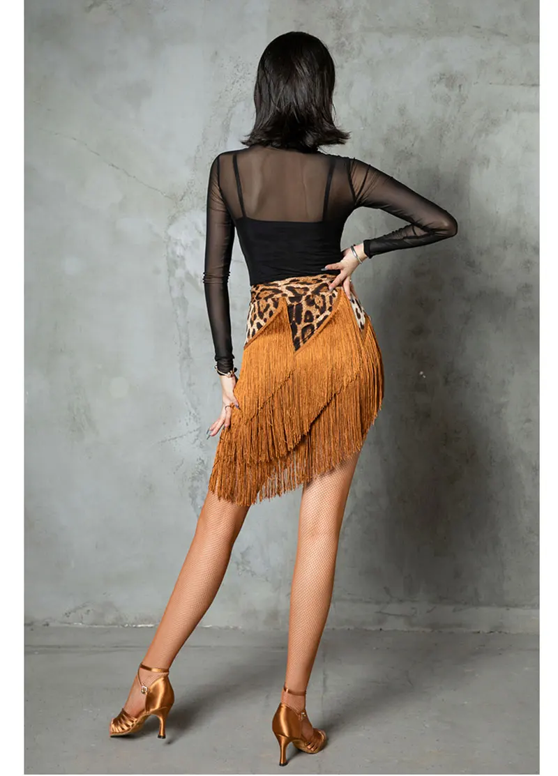 Leopard Latin Dance Dress Fringe Dance Skirt Tassel Hip Scarf Rumba Cha Cha Salsa Performing Costume Women Practice Dance Skirt