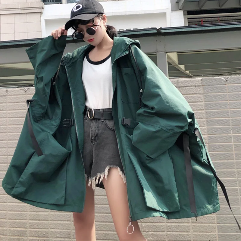 Autumn NICE Harajuku BF Loose Jacket Oversize Streetwear Plus Size Green Hooded Coat Oversize Zipper Windbreaker Coat And Jacket