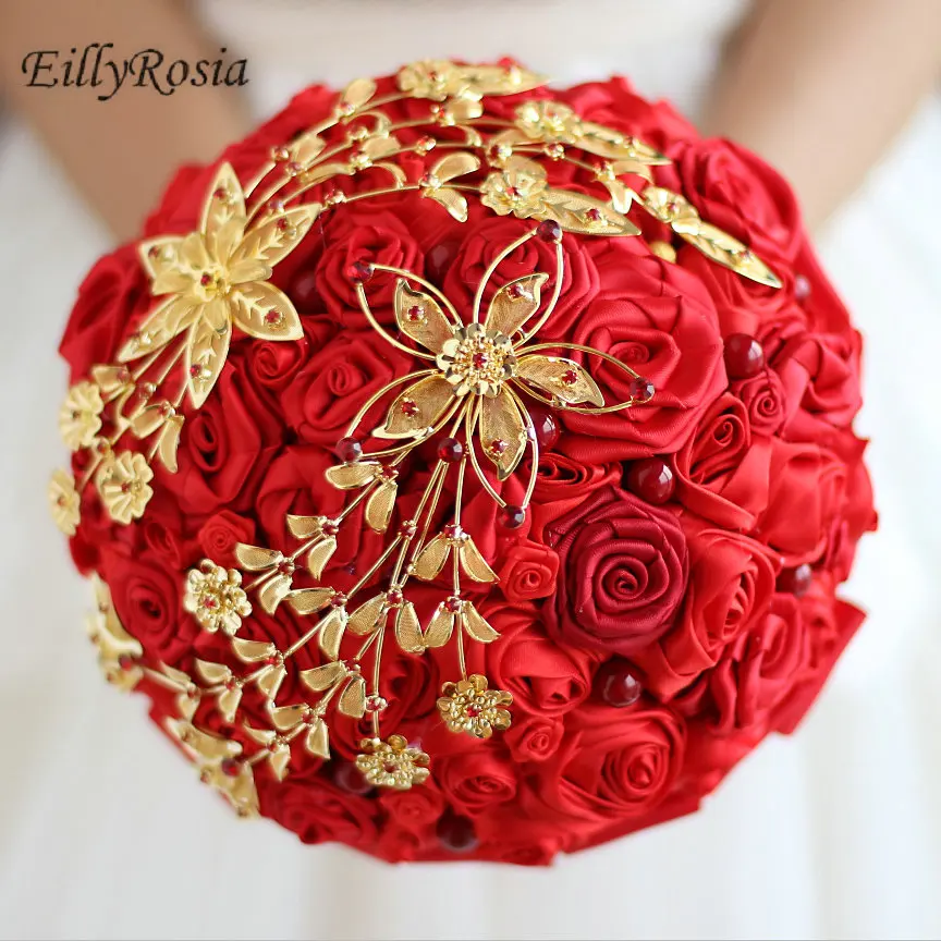 

Red Gold Jewelry Brooch Bridal Bouquet Chinese Wedding Bride Holding Flower Ball Simulation Wedding Decoration Brides Accessory