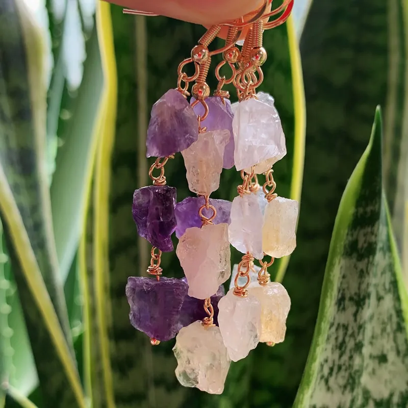 Natural Crystal Drop Earrings Small Irregular Stone Raw Mineral Tassel Amethysts Citrines Clear Quartz Dangle Earrings Female