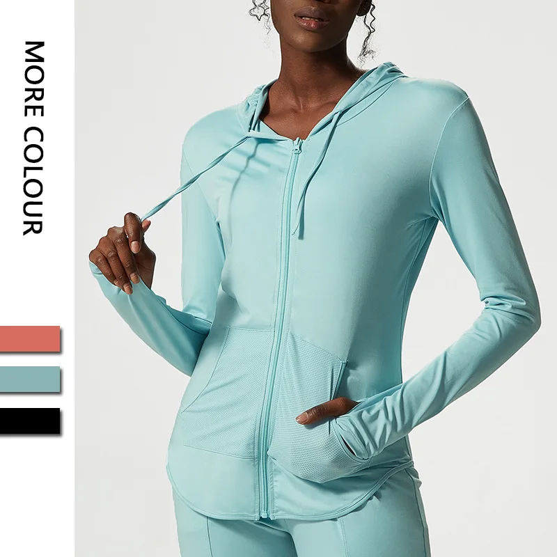 Women Solid Color Workout Hooded Sweatshirt Long Sleeve With Thumb Holes Zipper Yoga Shirt Breathable Quik-Dry Gym Jacket
