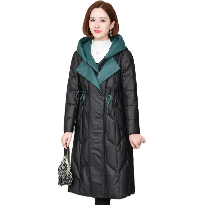 Imitate Leather Down Cotton Jacket Parkas For Women Winter Long PU Leather Double collarContrast Color Warm Cotton Coat Hooded