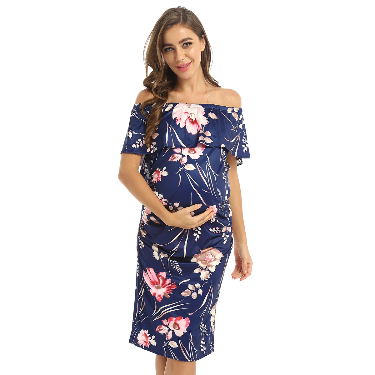 Maternity Flower Printed Dress Ruffles Off Shoulder Ruched Sides Pregnant Stretchy Bodycon Dress For Pregnancy Women Daily Life