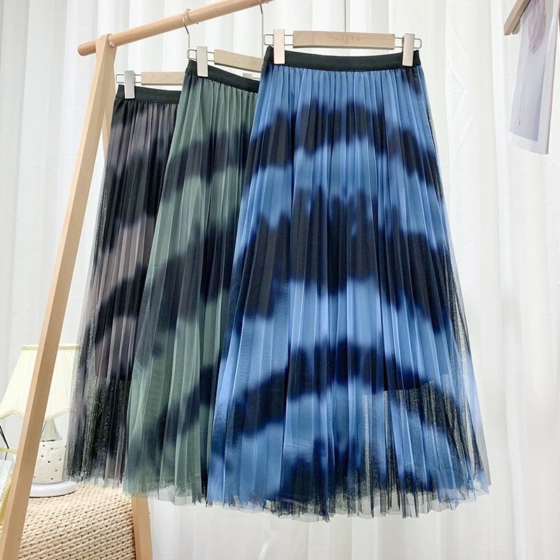 

Croysier Tie Dye Print Mesh Tulle Skirt Streetwear High Waist Pleated Skirt Summer Clothes For Women Midi Long Skirts Womens