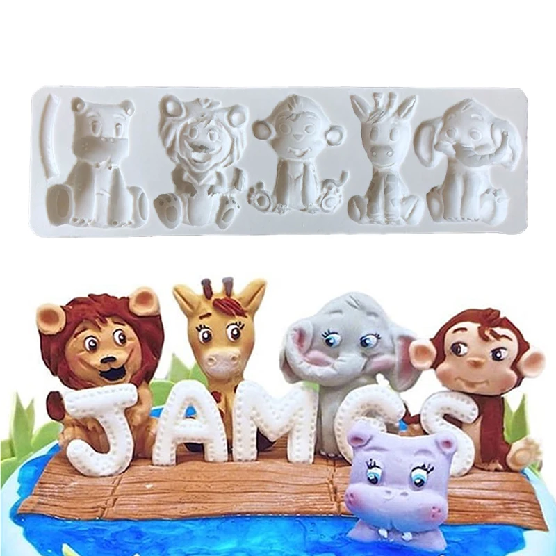 Zwierzęta Silikonowa Forma Słoń Lew Niedźwiedź Żyrafa Małpa Cupcake Topper Fondant Cake Decorating Tools Candy Clay Chocolate Mould