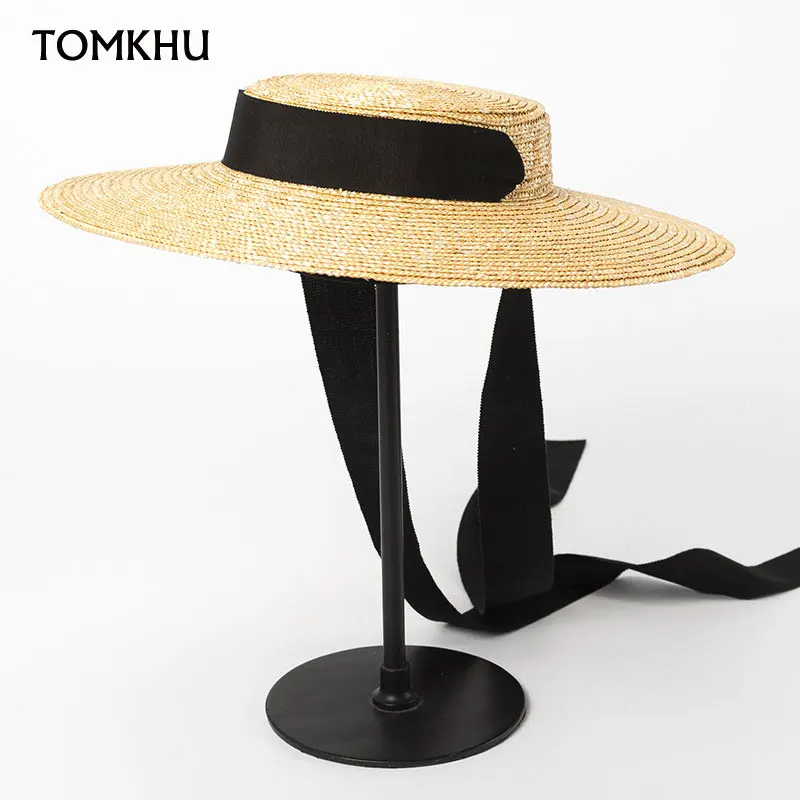 New Wide Brim Sun Hats 15cm Brim Boater Straw Hat Flat Women Summer Derby Chapeau Hat White Black Ribbon Tie Sunscreen Beach Cap