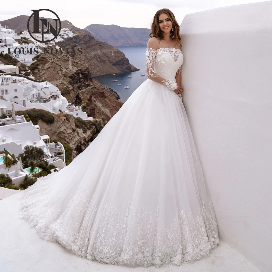 LOUIS NOVIAS A-Line Wedding Dresses For Women 2024 Boat Neck Beading Embroidery Flower Long Sleeve Bridal Gown Vestidos De Novia