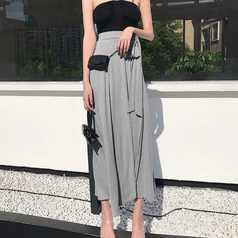 Skirts Womens Summer Solid Bow Side-Slit Mid-Calf Sexy Lady High Waist Lacing Up Casual Loose Elegant Feminine Chic Comfy 2020