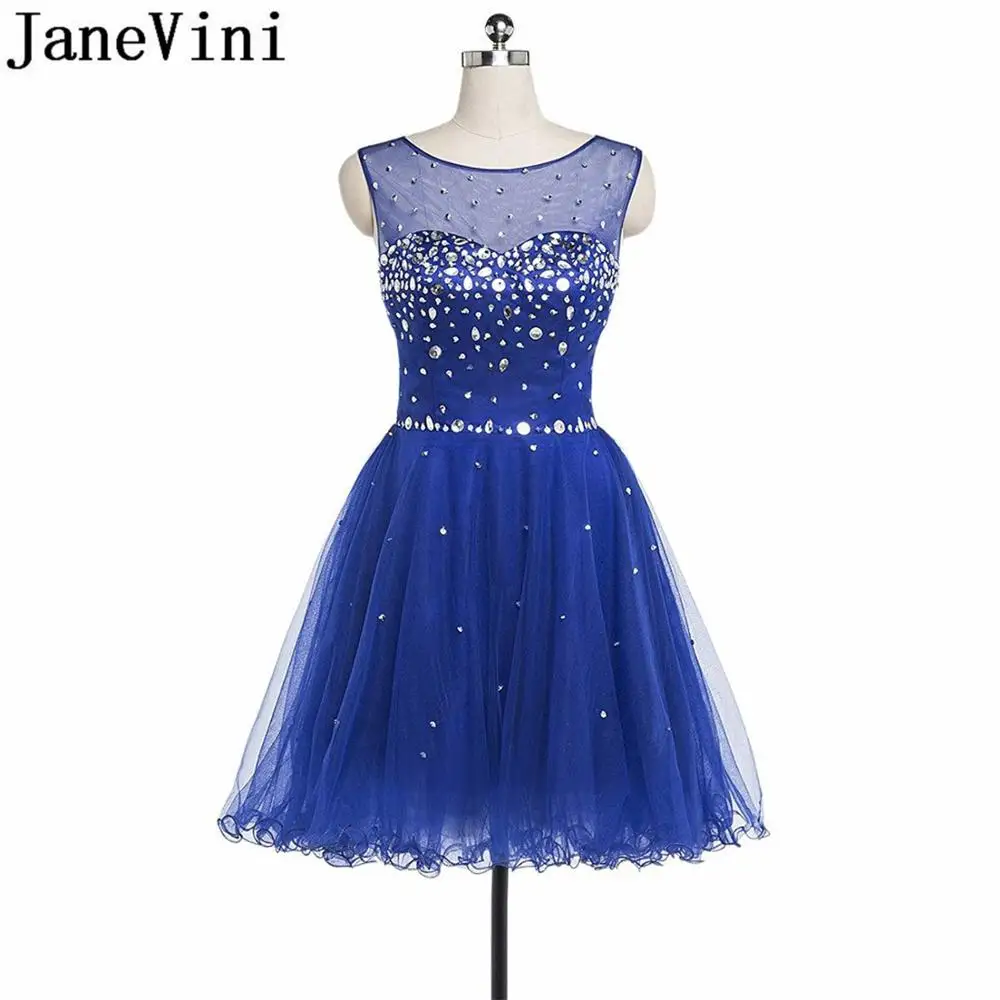 JaneVini azul real corto vestidos de bienvenida de cristal con cuentas de tul vestido Formal de una línea vestido de corte espalda abierta mujeres vestidos de fiesta