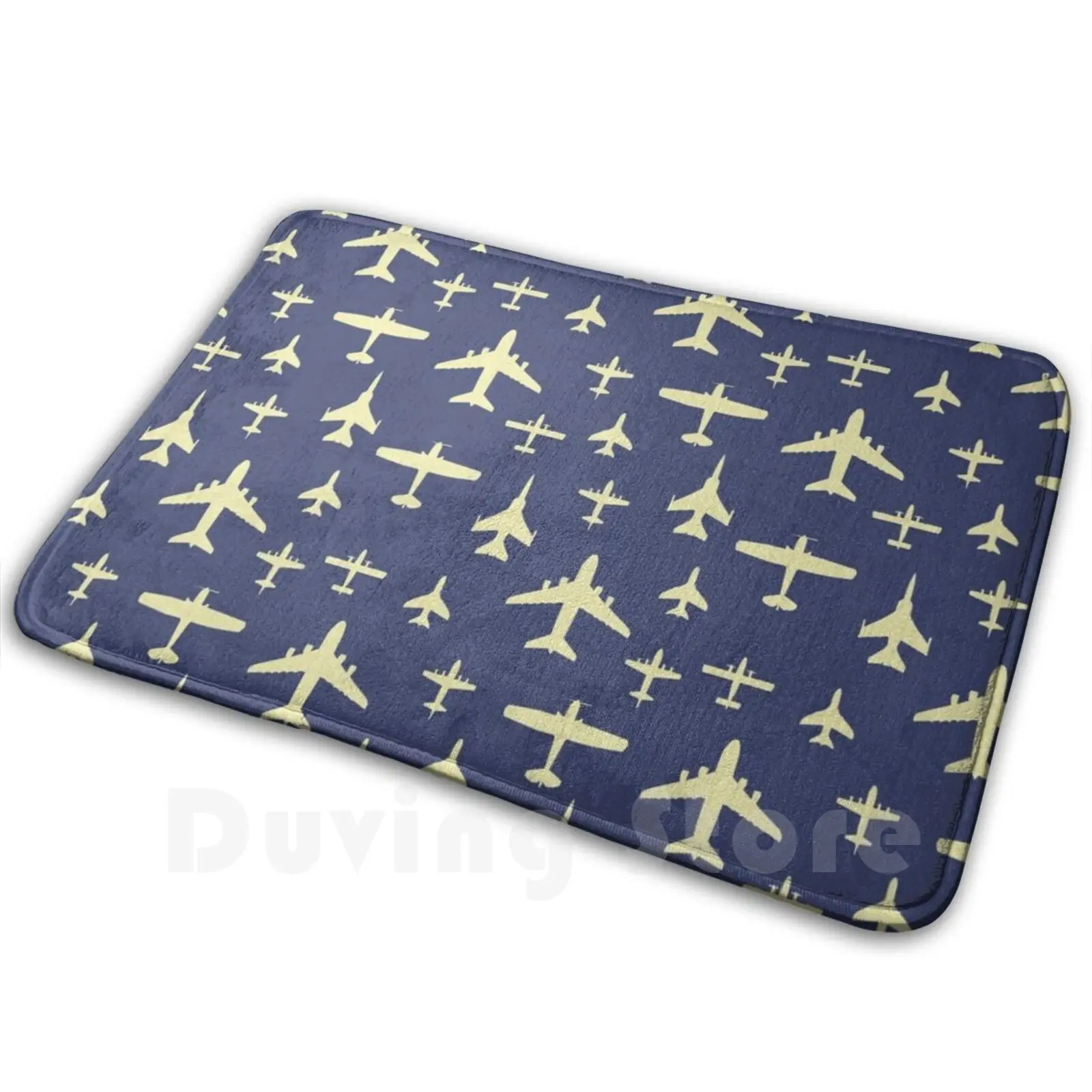 Fly Past Aeroplanes Navy Blue And Beige Pattern Carpet Mat Rug Cushion Soft Non-Slip Aviation Pilot Plane Captain Fly