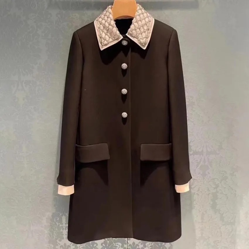 

Small fragrance winter beading diamond lapel woolen coat women single breasted straight loose fashion coat