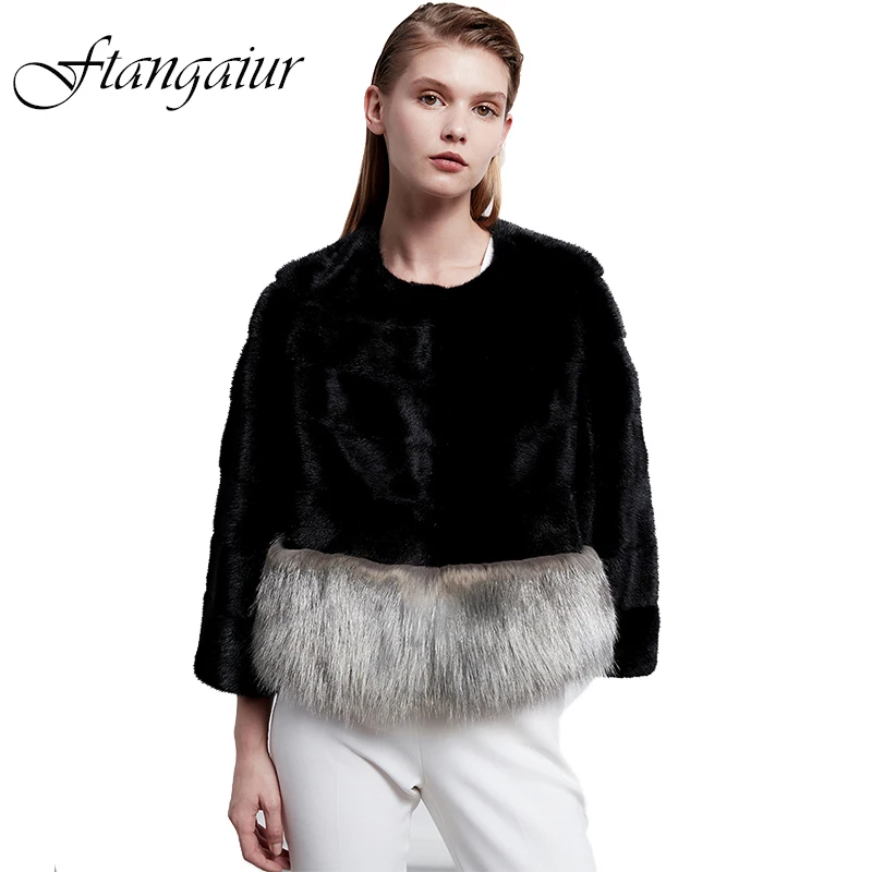 

Ftangaiur Winter Women Velvet Mink Fur Overcoats For Femal Fox Fur Patchwork Slim Black Mink Coat Women's Short Real Fur Coats