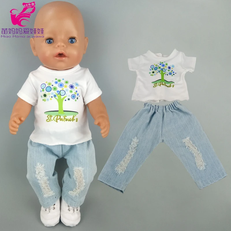 Pasgeboren 40 Cm Babypop T-shirt Ripped Jeans 18 Inch Amerikaanse Og Meisje Pop Kleding Broek