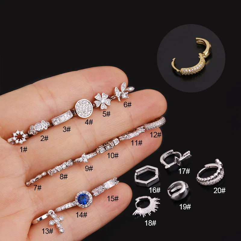 1Pc 20g Classic Design Cz Hoop Earrings Flower Cross Cartilage Helix Tragus Daith Conch Rook Snug Lobe Earring Piercing Jewelry