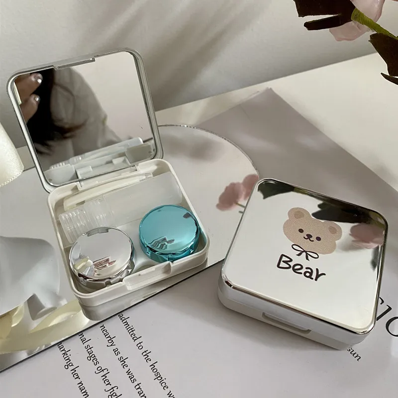 Cute Bear Eyes Contact Lenses Box with Mirror Portable Travel Kit Easy Carry Plating Plastic Lenses Case Container Holder Gift