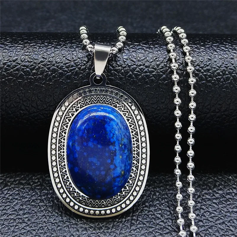 Stainless Steel Natural Stone Lapis Lazuli Big Long Bohemia Charm Necklaces for Women/Men Silver Color Jewelry bijoux N2737S04