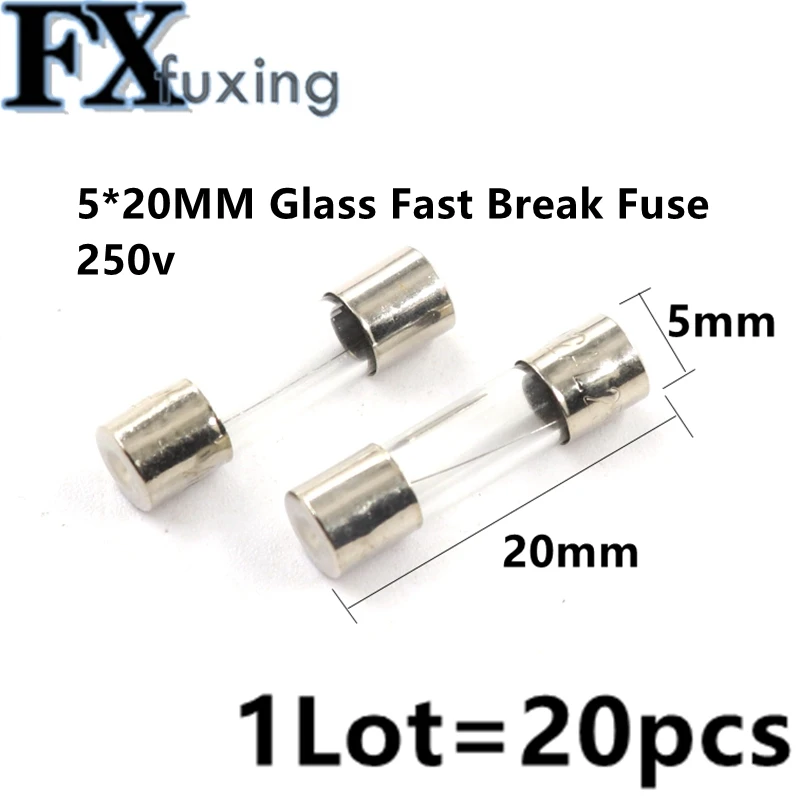 20Pcs 5x20mm Fast Quick Blow Glass Tube Fuse Assorted Kit Fast Blow Glass Fuses 1A 2A 3A 5A 6A 8A 10A 12A 15A 20A/250V 5*20 mm