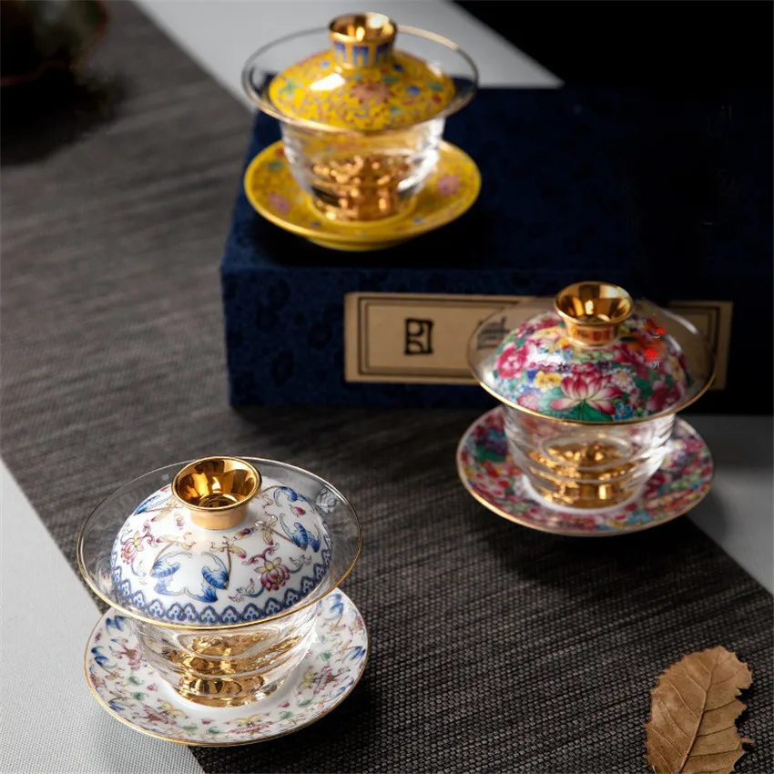 High-Grade Royal Special Tea Cup With Lid Creative Enamel Crafts Glass Espresso Cafe Cup Luxury Afternoon Flower Tea Sets