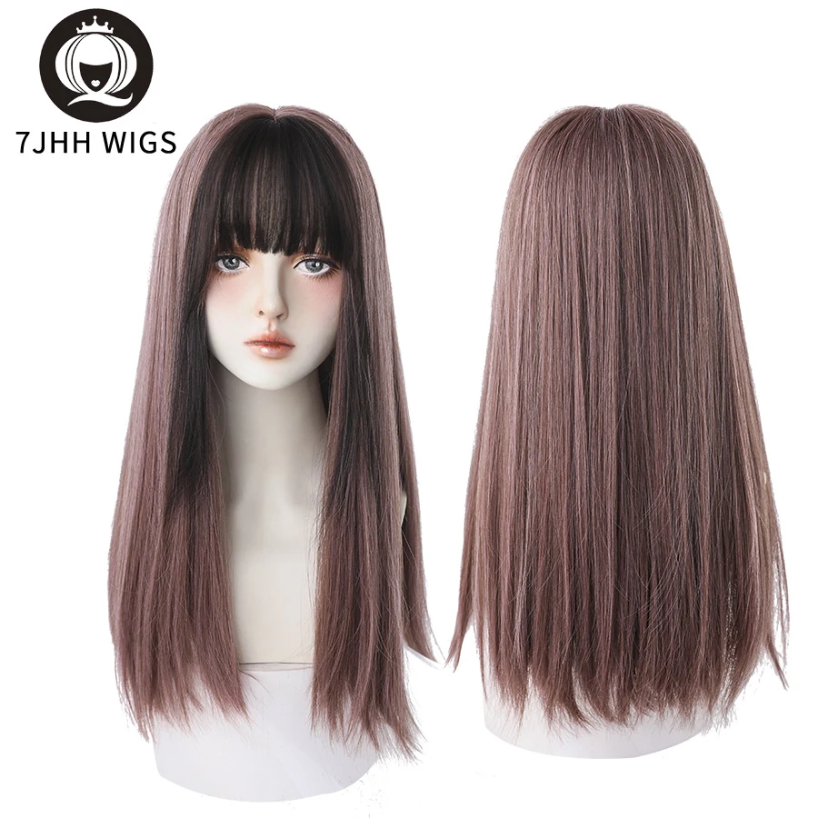 7JHH WIGS Highlighted Grey Black Kinky Straight Synthetic Wigs With Fluffy Bangs For Women Daily Wear Toupee Heat-Resistant Hair