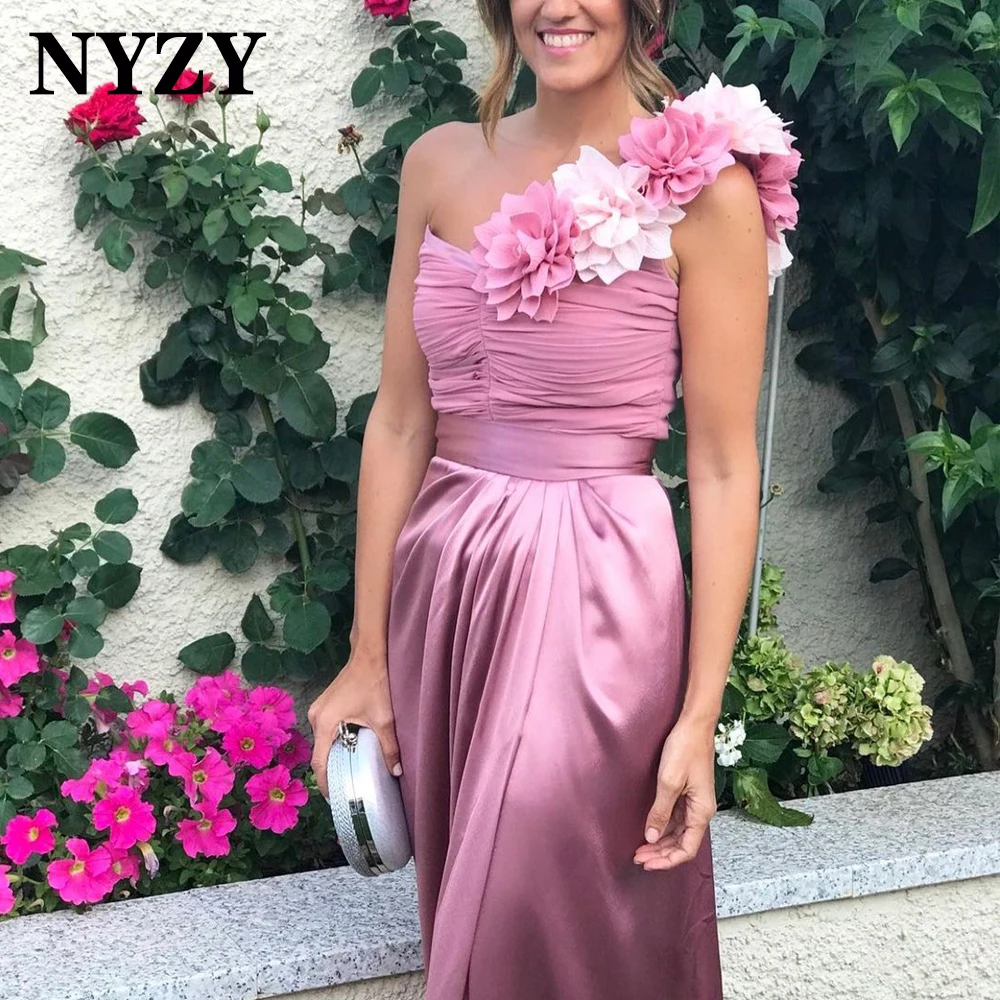 NYZY E346 Elegant Rosettes One Shoulder High Split Skirt Evening Dresses 2021 Party Dress Evening Gowns vestidos formales