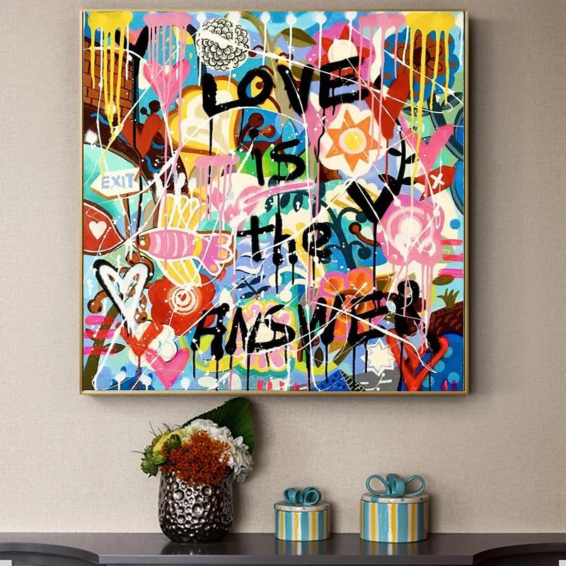 Abstract Canvas Painting Love Is The Answer Letter Poster and Print Wall Graffiti Art Pictures for Living Room Home Decor Cuadro