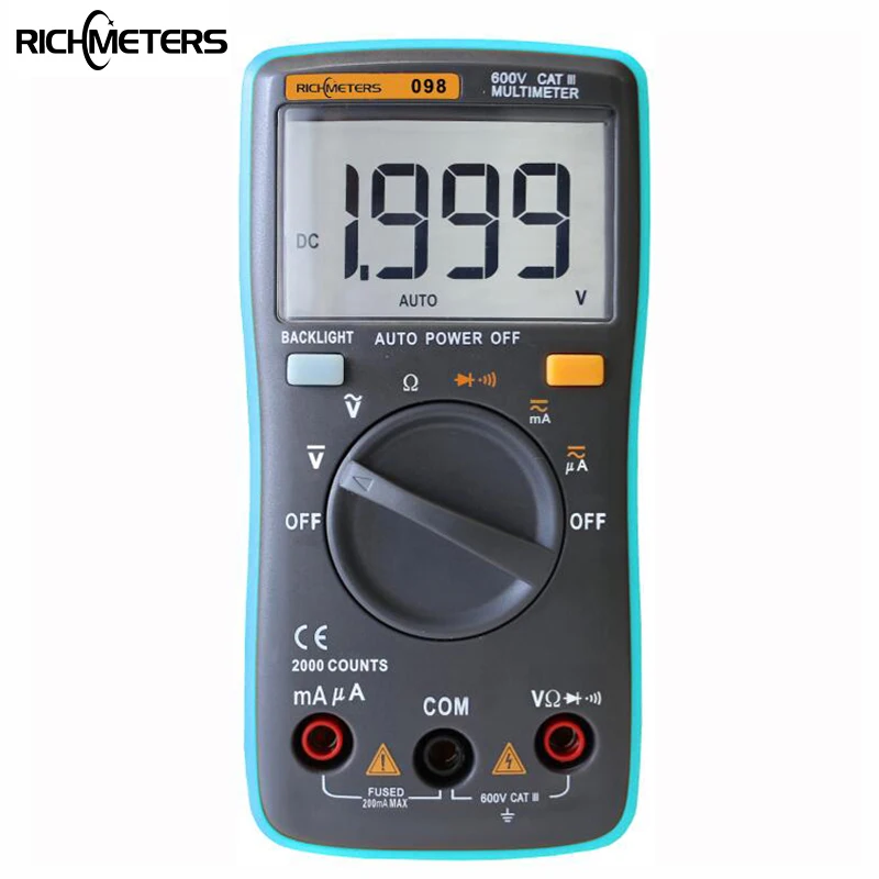 RICHMETERS RM098 Multimeter Digital 2000 Counts Auto Ranging AC/DC Ammeter Voltage Meter Voltmeter Ohm Tester