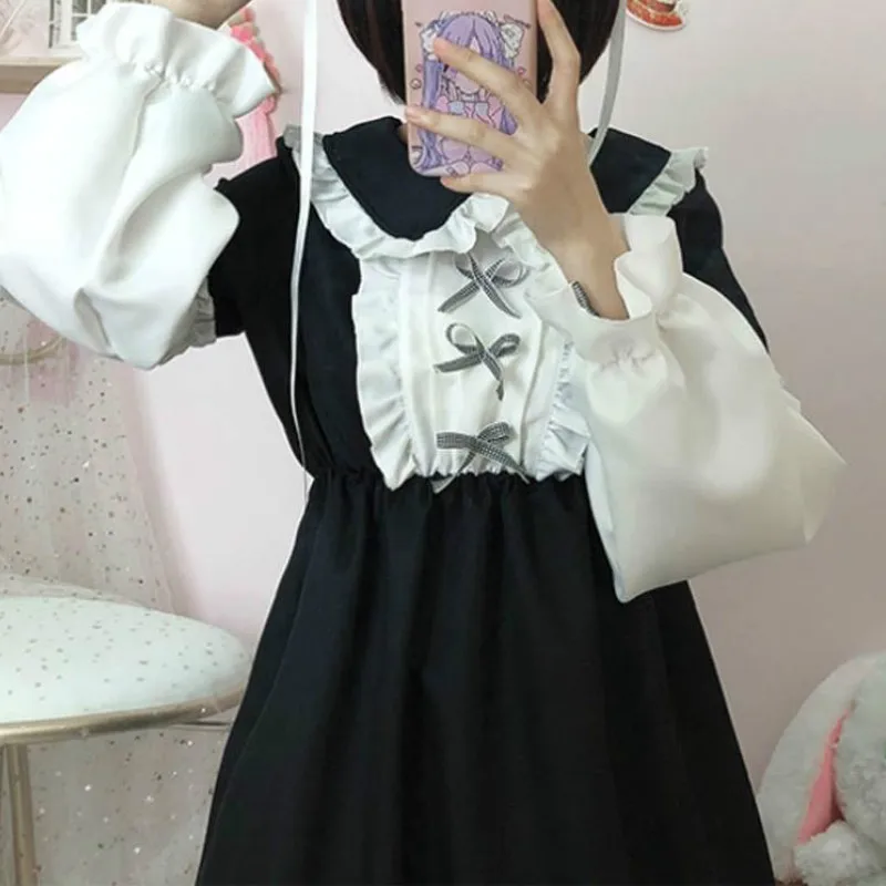 Vestido de lolita japonês fofo, lindo, kawaii, meninas, op, princesa, vintage, com babados, feminino, gótico, manga comprida, vestido de festa preto