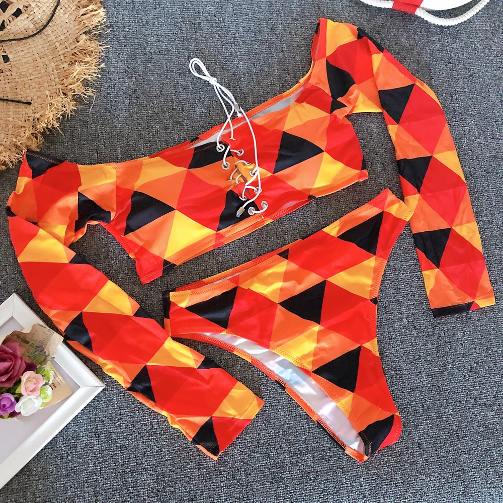 Bikinis 2024 Swimwear Push Up Bikini Set Brasileño Long Sleeve Thong Bandage Plus Size Tankini Women Swimsuit Biquini High Waist