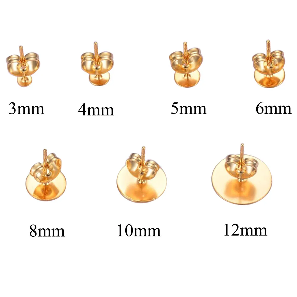 50pcs Stainless Steel 3 4 5 6 8 10 12mm Stud Pin Earring Base Earring Settings DIY For Jewelry Making