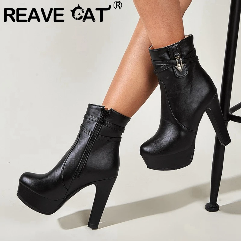 

REAVE CAT Ladies Ankle Boots Round Toe 12cm High Square Heels Zip Buckle Designer Classic Vintage Stylish Size 43 Office C2223