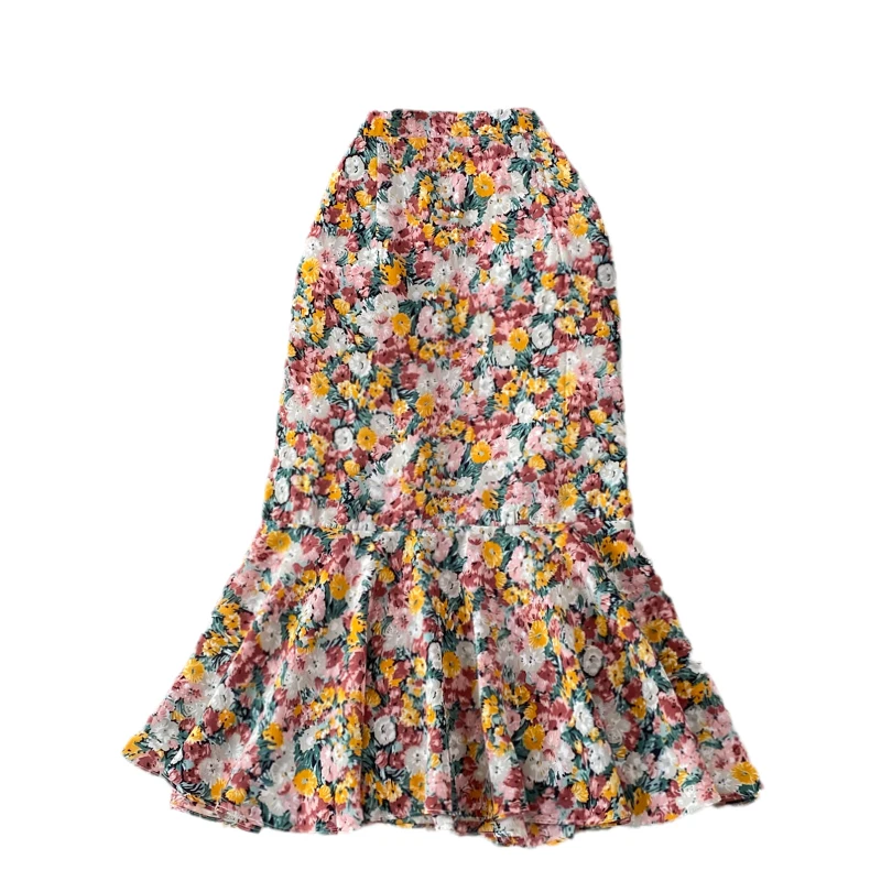 New Arrival 2022 Spring Summer Women Skirt High Quality Gorgeous Flowers Chiffon Long Skirt Elastic High Waist Mermaid Skirt