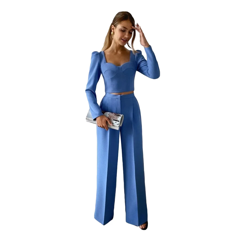 Moda azul para mujer, esmoquin suelto para madre de la novia, pantalones, traje de pierna ancha para fiesta de graduación, traje de boda para invitados, 2 piezas