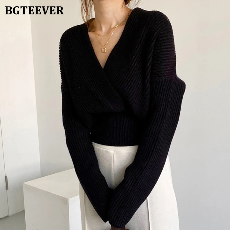 BGTEEVER Stylish V-neck Cross-Criss Women Knitted Pullovers 2020 Elegant Loose Warm Sweater Female Full Sleeve Knitting Tops