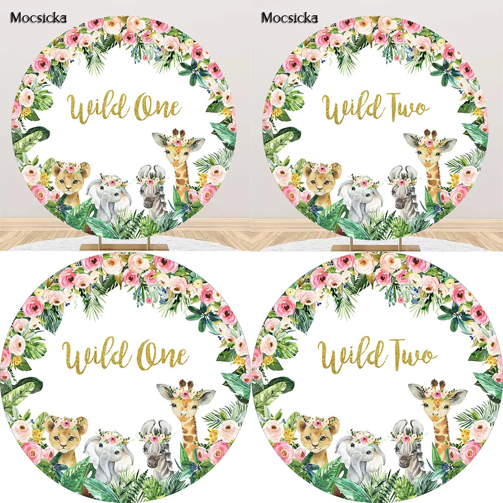 

Round Newborn Baby Jungle Birthday Background Wild One Flowers Animala Safari Party Backdrop Woodland Kids Circle DIY Birthday