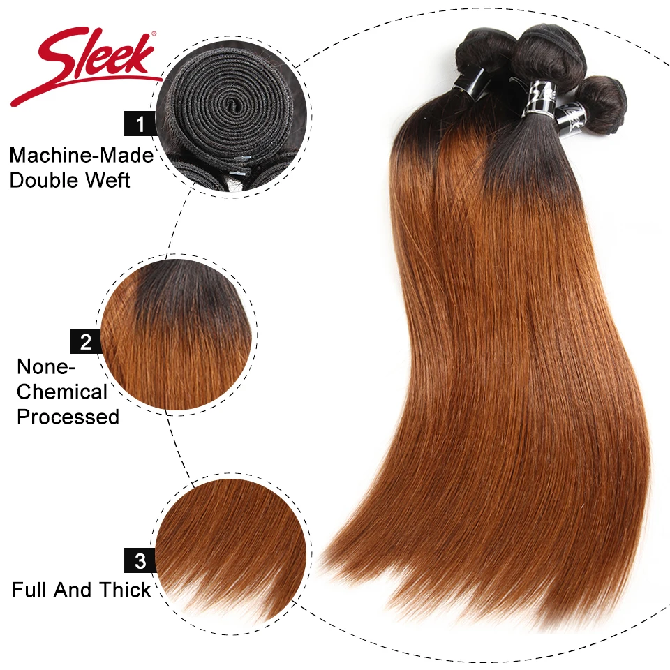 Sleek-extensiones de cabello humano liso brasileño, mechones de cabello humano Remy de dos tonos, ombré, Rubio 613, T1B/27, T1B/30, rojo 99J