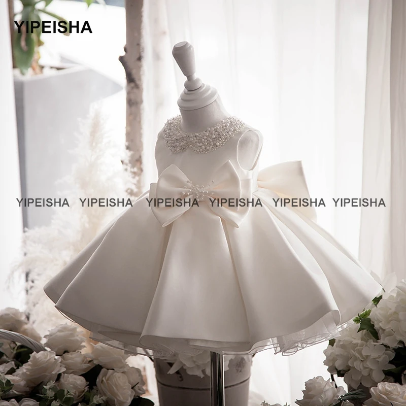 Yipeisha vestidos de meninas flores com pérolas, vestido de princesa de primeira comunhão sagrada para desfile com laço rosa, vestido de festa para bebê