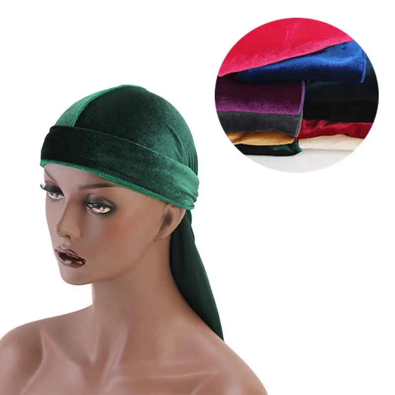 Unisex Velvet Durag Long Tail and Wide Straps Waves for Men Solid Wide Doo Rag Bonnet Cap Comfortable Sleeping Hat Wholesale