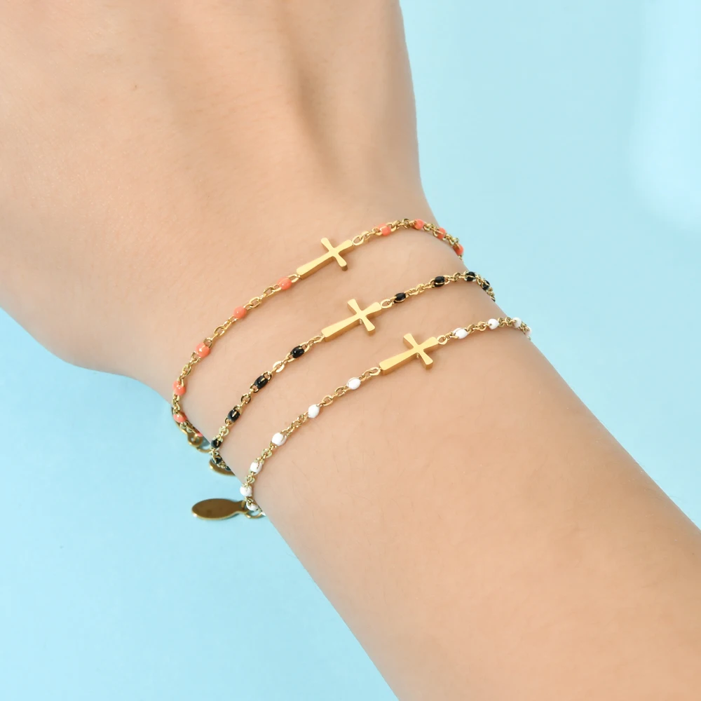 ZMZY Mädchen Boho Dünne Kette Edelstahl Armbänder Für Frauen Gold Farbe Pfirsich Rosa Kreuz Charme Schönes Geschenk – Detail 6