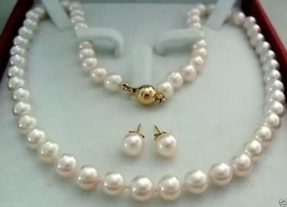 

14K Gold Clasp 7-8MM AAAA White Akoya Cultured Pearl Necklace Earring