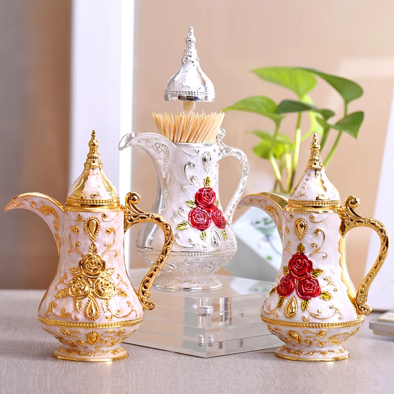 Vintage Flower Castle Carved Automatic Toothpick Holder Teapot Shape Metal Toothpick Dispenser Organizer Art Craft Home Decor